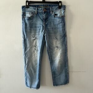 American Rag Jeans Women's 5 Denim Capri Crop Distressed Raw Hem Medium Wash